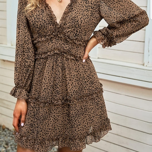 Leopard Print Long+Sleeve Ruffle Dress - Picture 2 of 3